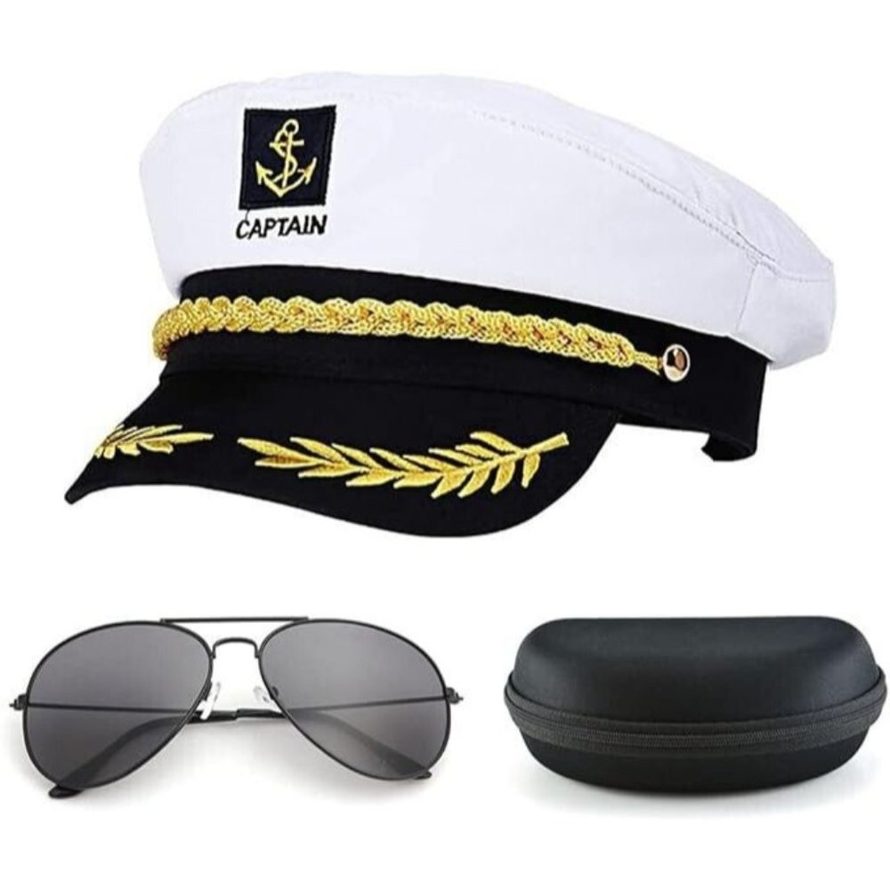 White Yacht Captain Hat Sailor Cap Party Accessories Set with Aviator Su…